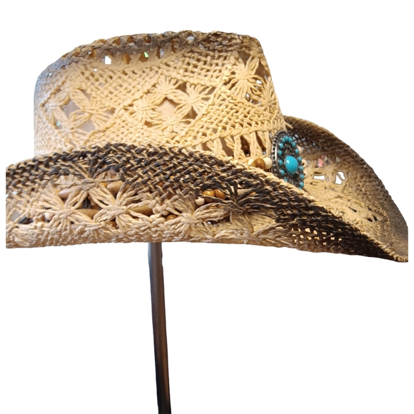 CLEARANCE SALE!! Woven Tan Western Hat with Beaded Band - Picture 2 of 6